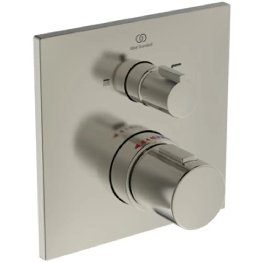 Badethermostat von Ideal Standard mit einer rechteckigen Rosette und zwei Steuerknöpfen in der Farbe Silver Storm. Die Oberfläche ist schlicht und modern gestaltet.